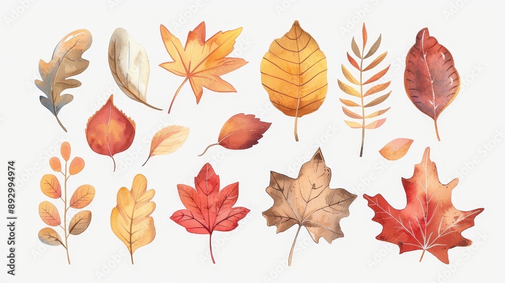 Obraz premium Autumn leaves set. Fall leaves. White background. Watercolor illustrations set