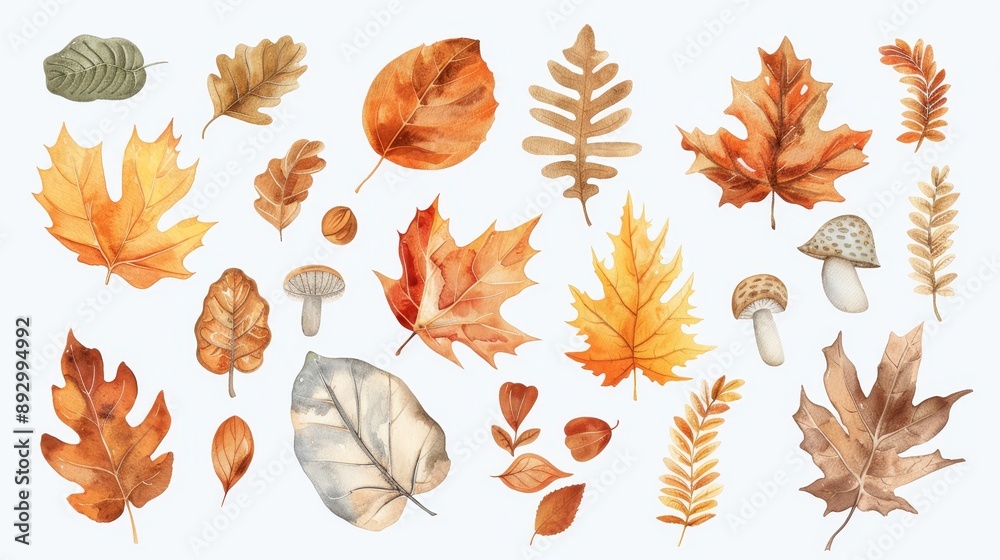 Obraz premium Autumn leaves set. Fall leaves. White background. Watercolor illustrations set