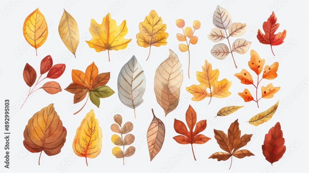 Obraz premium Autumn leaves set. Fall leaves. White background. Watercolor illustrations set