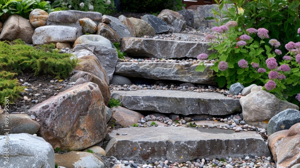 Stone stairs connecting garden paths on a sunny day, low ground cover Stone stairs connecting garden paths on a sunny day, low ground cover