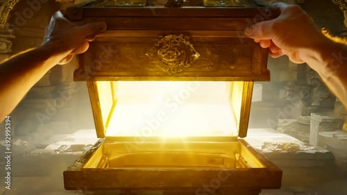 Open an ancient treasure chest that radiated light in old background