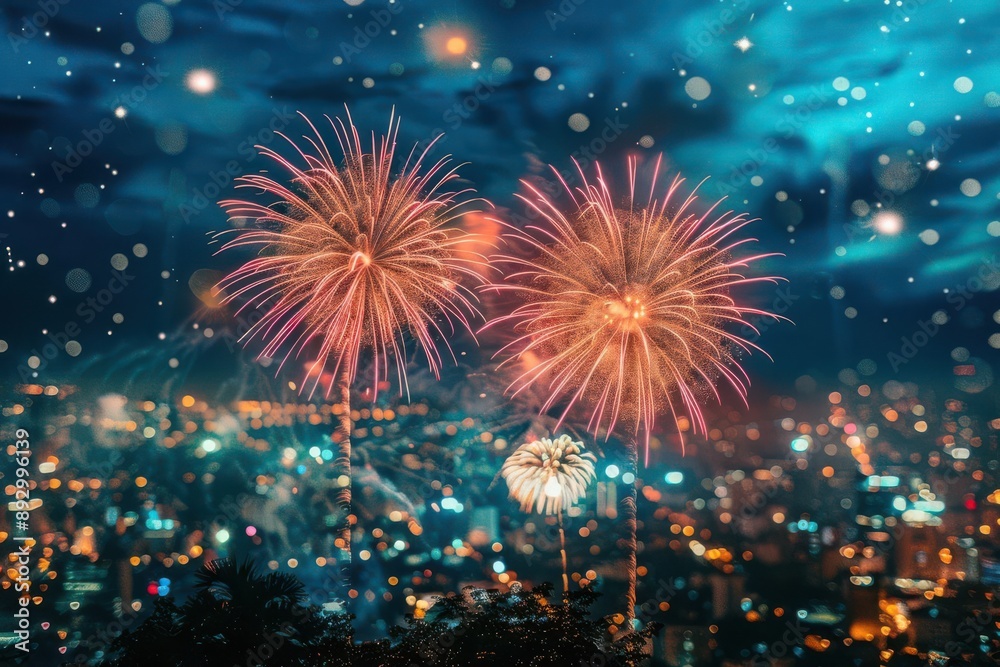A vibrant fireworks display illuminates the night sky above a city skyline, creating a festive and celebratory atmosphere. A vibrant fireworks display illuminates the night sky above a city skyline, creating a festive and celebratory atmosphere.
