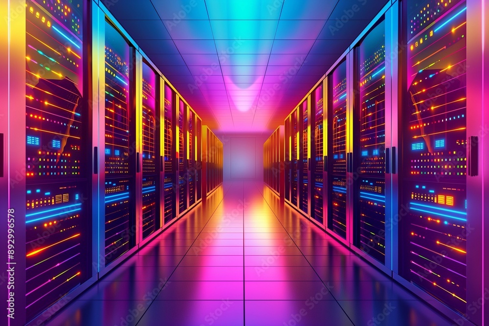 3D Rendering of a Server Room with Illuminated Racks and Digital Overlays 3D Rendering of a Server Room with Illuminated Racks and Digital Overlays