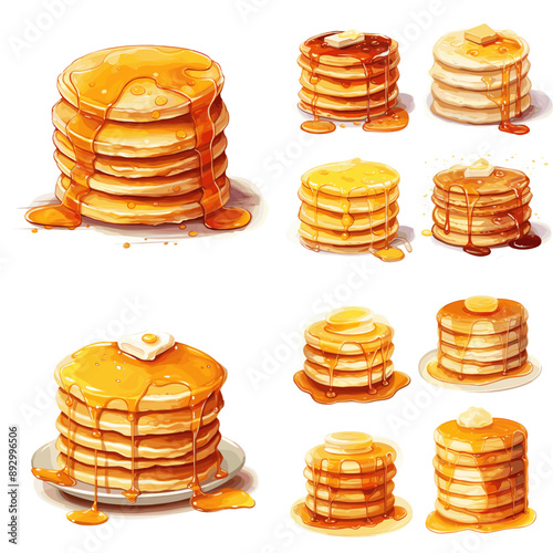 A series of images of stacks of pancakes with syrup dripping from them