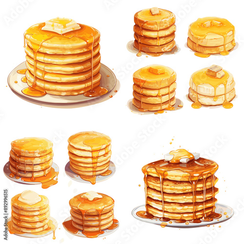 A series of stacks of pancakes with butter on top