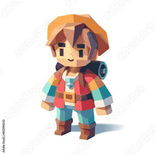 3D low poly model. The character is a male traveler with camping equipment. Pixel art.