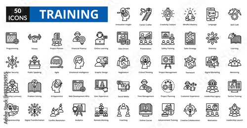 training icon set collection. skill craft, learning, mentoring,  leadership launch, innovation insight, career crafter, Creativity Catalyst, mindful mastery, language, programming, fitness