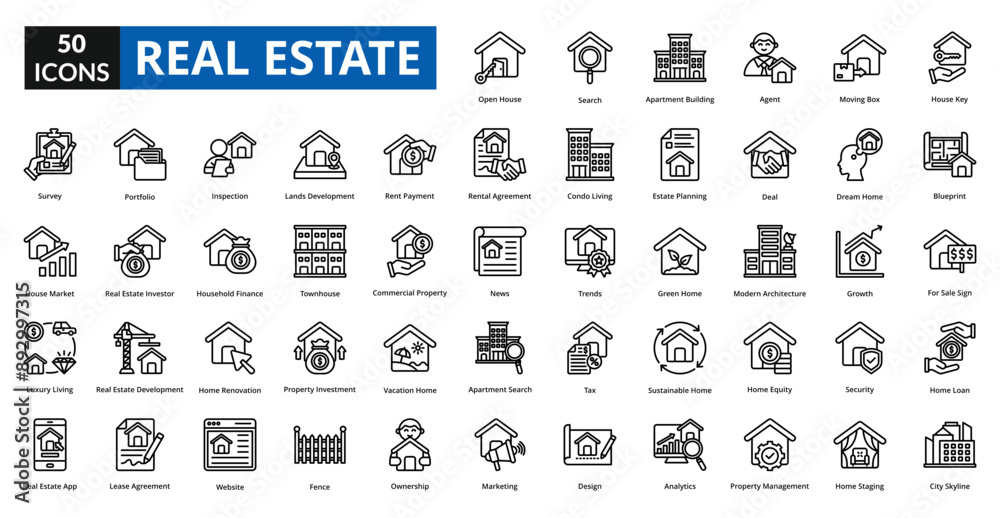 real estate icon set collection. house key, blueprint, for Sale Sign, home loan, city skyline, open house, search, apartment building, agent, moving box, survey
