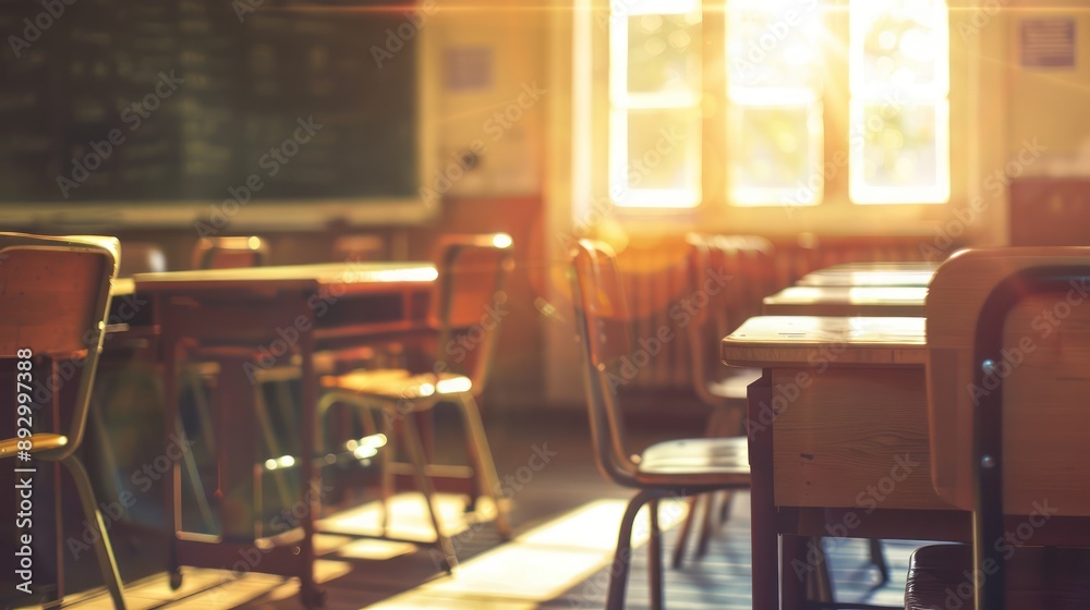 High school classroom with desks and chairs in the center of the composition, chalkboard on the wall, warm sunlight, vintage style, blurred background, high resolution photography, High school classroom with desks and chairs in the center of the composition, chalkboard on the wall, warm sunlight, vintage style, blurred background, high resolution photography,
