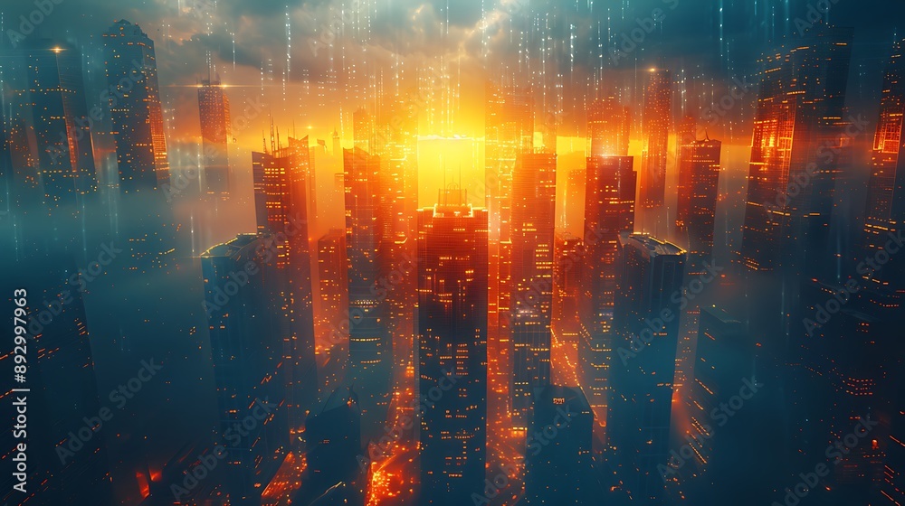 Picture of modern skyscrapers of a smart city, futuristic financial district with buildings and reflections , blue color background for corporate and business template with warm sun rays of light Picture of modern skyscrapers of a smart city, futuristic financial district with buildings and reflections , blue color background for corporate and business template with warm sun rays of light