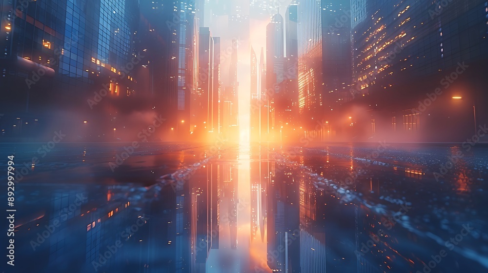 Picture of modern skyscrapers of a smart city, futuristic financial district with buildings and reflections , blue color background for corporate and business template with warm sun rays of light Picture of modern skyscrapers of a smart city, futuristic financial district with buildings and reflections , blue color background for corporate and business template with warm sun rays of light
