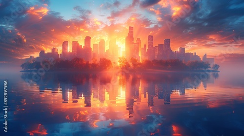  Picture of modern skyscrapers of a smart city, futuristic financial district with buildings and reflections , blue color background for corporate and business template with warm sun rays of light  © Five Million Stocks