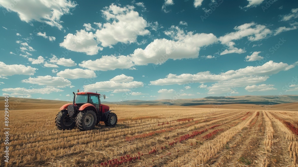 Fototapeta premium A vibrant landscape featuring a red tractor in a golden field under a blue sky with fluffy clouds, ideal for agriculture themes.