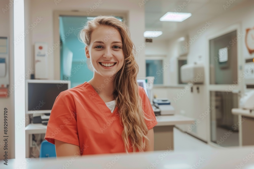 Smiling Young Woman in Red Scrubs at a Medical Facility Smiling Young Woman in Red Scrubs at a Medical Facility