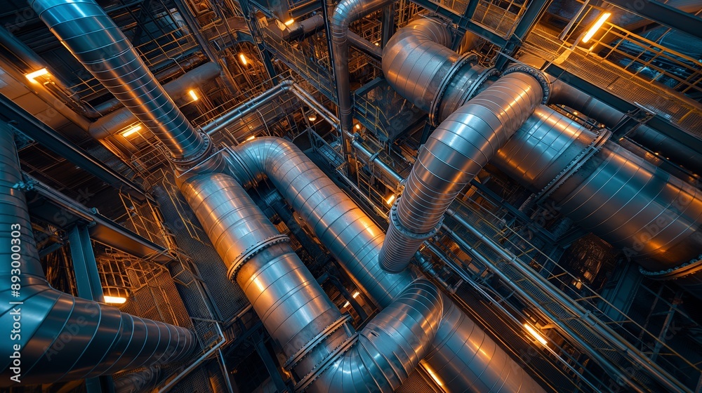 Complex Network of Industrial Metallic Pipes in an Engineering Facility at Night with Orange and Blue Lights Complex Network of Industrial Metallic Pipes in an Engineering Facility at Night with Orange and Blue Lights