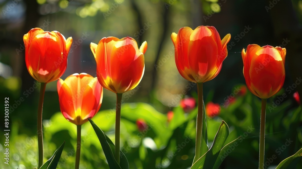 Four yellow-red tulips in the sunny garden Four yellow-red tulips in the sunny garden