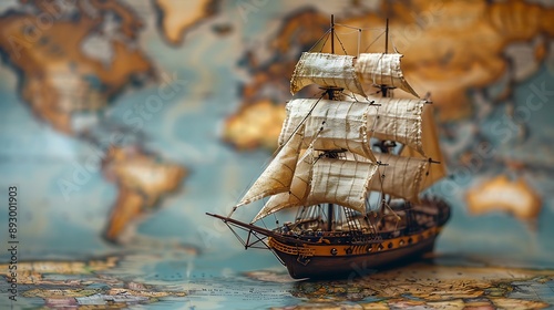  Old sailing ship model on world map , exploration and explorer concept image 