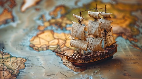  Old sailing ship model on world map , exploration and explorer concept image 