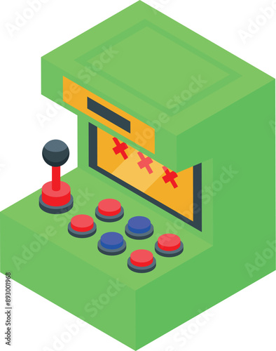 Green arcade game machine with joystick and buttons displaying game over screen