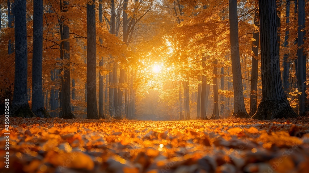 Fototapeta premium Sunset Serenity in Autumn Forest with Vibrant Foliage and Warm Golden Light