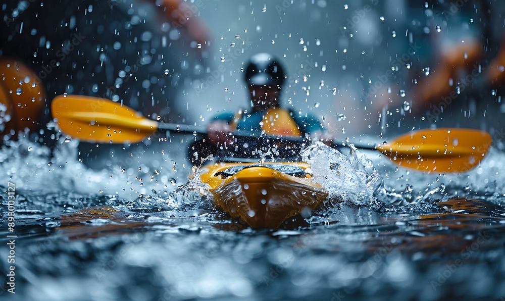 Fototapeta premium Close-up of a man athlete in a canoe canoeing at a slalom competition 