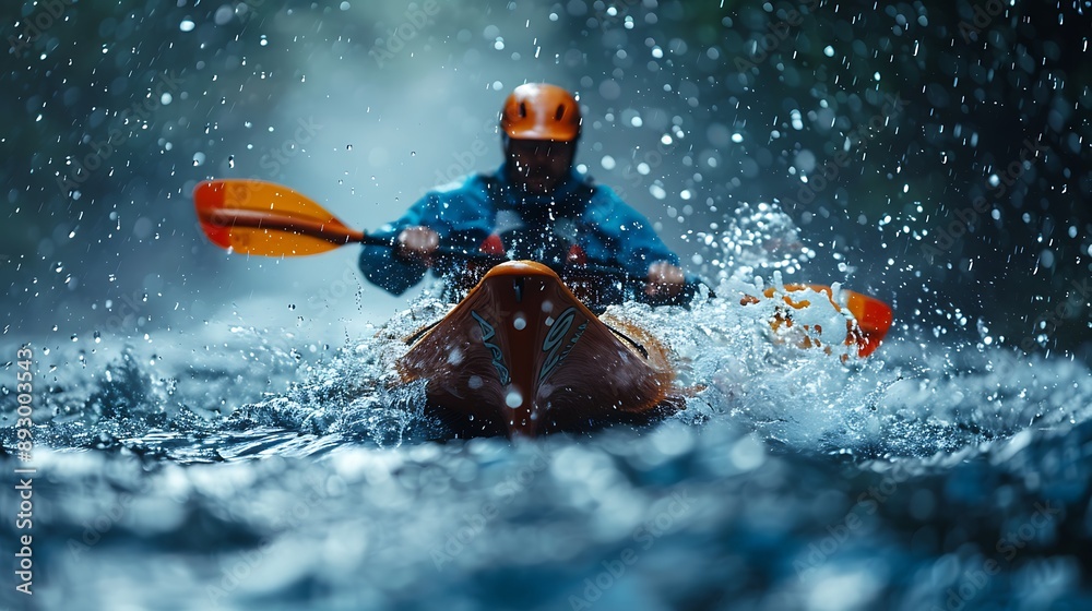 Fototapeta premium Close-up of a man athlete in a canoe canoeing at a slalom competition 