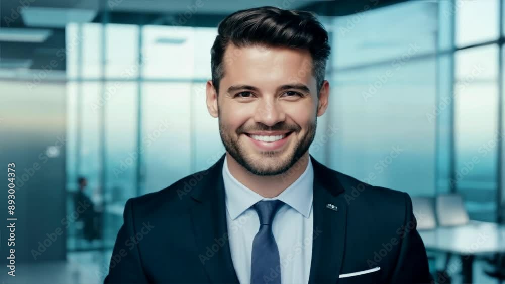 Professional businessman in a suit, smiling confidently in an office setting Professional businessman in a suit, smiling confidently in an office setting