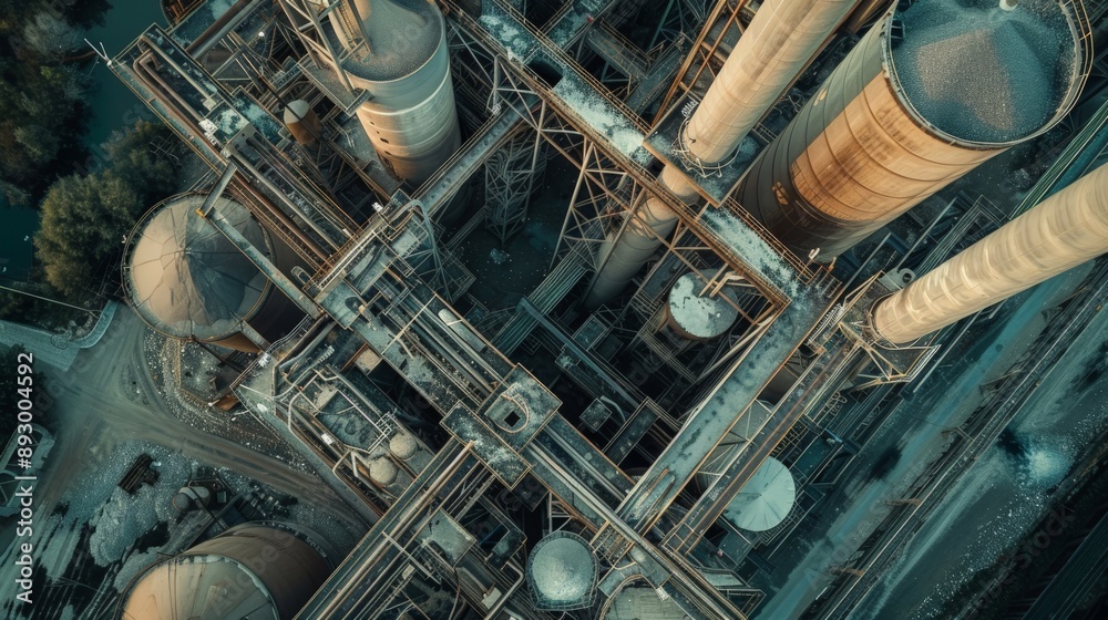 Aerial shot of a cement production plant, conveyors and silos active, depicting the raw industrial strength Aerial shot of a cement production plant, conveyors and silos active, depicting the raw industrial strength