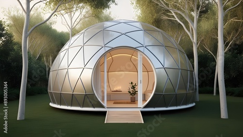 Forest glamping bubble dome made with silver plates photo