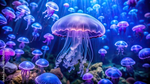 Purple jellyfish floating in large blue aquarium panoramic, colorful, exotic, aquatic, underwater, vibrant