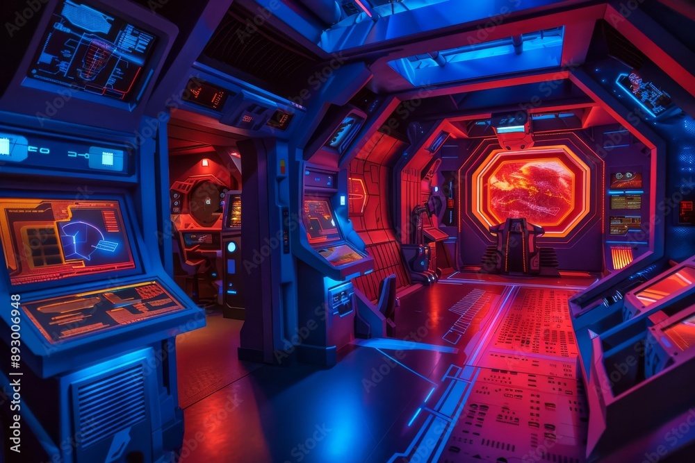 Futuristic Spaceship Interior with Red and Blue Lighting Futuristic Spaceship Interior with Red and Blue Lighting