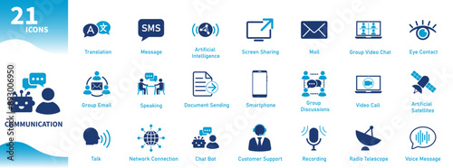 Communication icon. Set of messaging, chat, speaking, communication, translation, connection, video call icons. Solid vector icon.