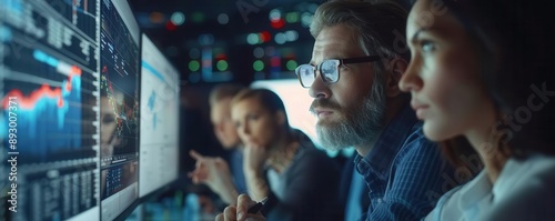 Team of professionals analyzing data on a computer screen. photo