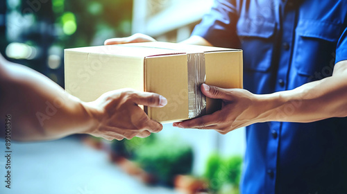 Delivery man holding a cardboard box delivering to customer home