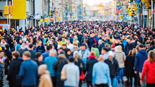 crowd of people walking in the city blured
