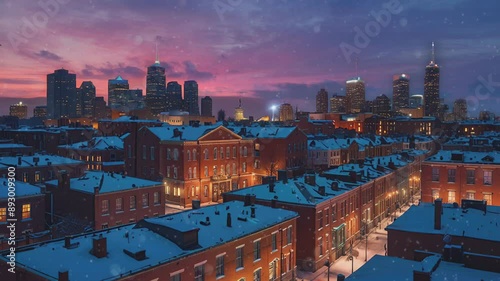 Panoramic cityscape, downtown skyline at dusk, modern skyscrapers, historical brick buildings, colorful vivid sky gradients, warm city lights reflections, urban landscape
 photo