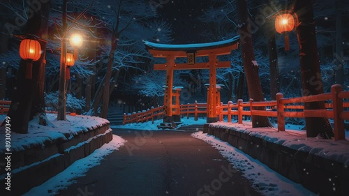 The traditional Japanese pagoda structure, glowing lanterns, wooden architecture, and snow-covered pathway create a peaceful winter evening scene with warm lighting. photo