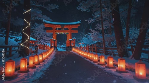 The winter evening scene features a traditional Japanese pagoda, illuminated lanterns, wooden buildings, and a snow-covered path, all bathed in warm lighting. photo