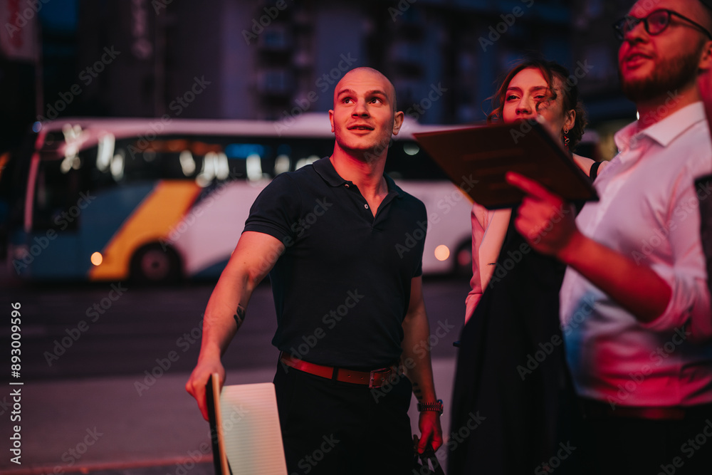 Fototapeta premium Group of business professionals strategizing and discussing ideas during an outdoor meeting under city lights at night.