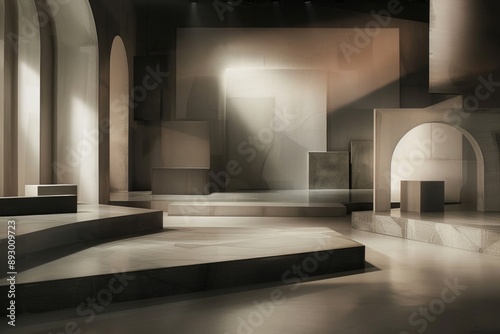 A stage with a plain, neutral-colored floor and backdrop, featuring a few strategically placed geometric shapes or panels in muted tones.