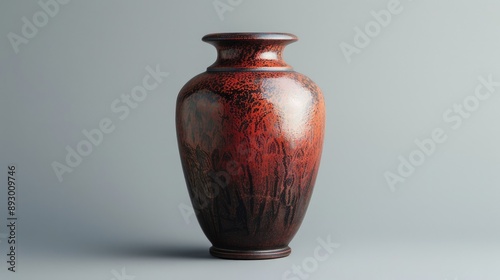 Antique red and brown ceramic vase, front view, on grey background, decor item