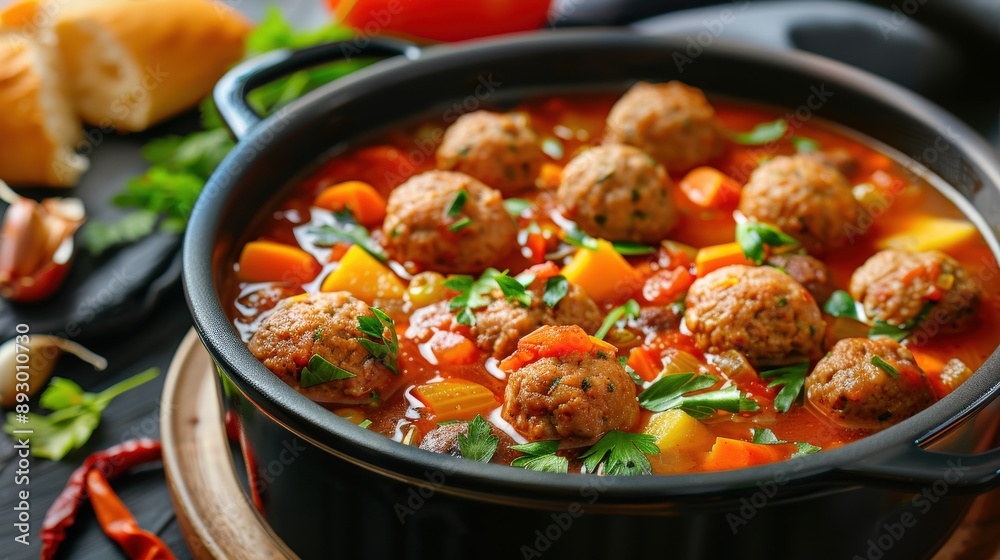 Hot Meatball Stew with Vegetables in Tomato Sauce Close-Up Hot Meatball Stew with Vegetables in Tomato Sauce Close-Up