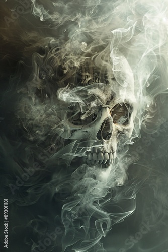 Skull and smoke on a dark background. Monochrome. 3D Rendering. Copy space.