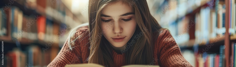 Young woman reading a book in a library. Young woman reading a book in a library.