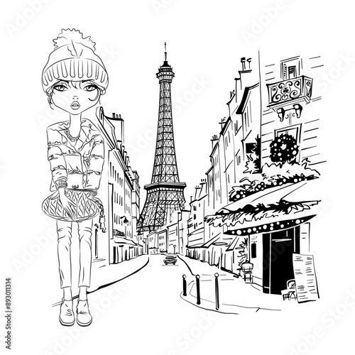 Vector girl on Paris street with street cafe and Eiffel Tower in background, Paris, France