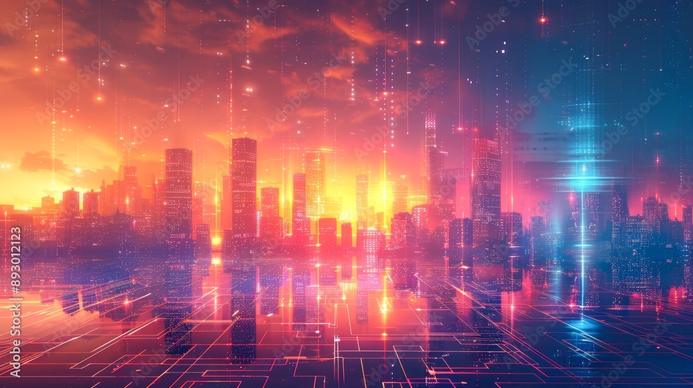 Fototapeta premium Futuristic city skyline with angular buildings in metallic tones, glowing against a digital grid sky 