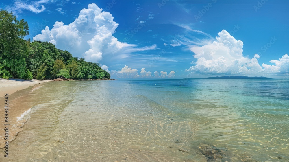 Obraz premium Tropical Beach with Clear Water and Lush Greenery