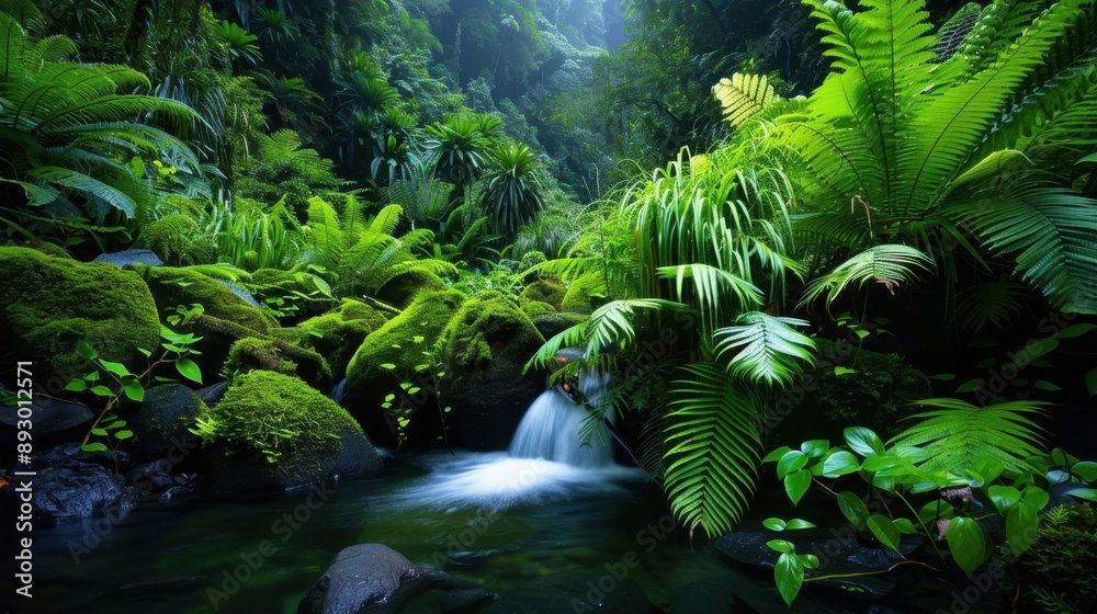 Fototapeta premium Forest waterfall, lush greenery,