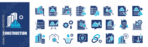 Construction icon collection set. Containing design, engineering, industry, construction, equipment, site, and more. Solid vector icons collection.