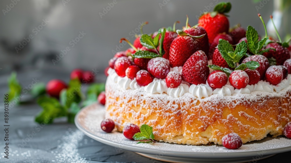 Delicious Sponge Cake Decorated with Strawberries, Cranberries, and Mint - Close-Up Delicious Sponge Cake Decorated with Strawberries, Cranberries, and Mint - Close-Up